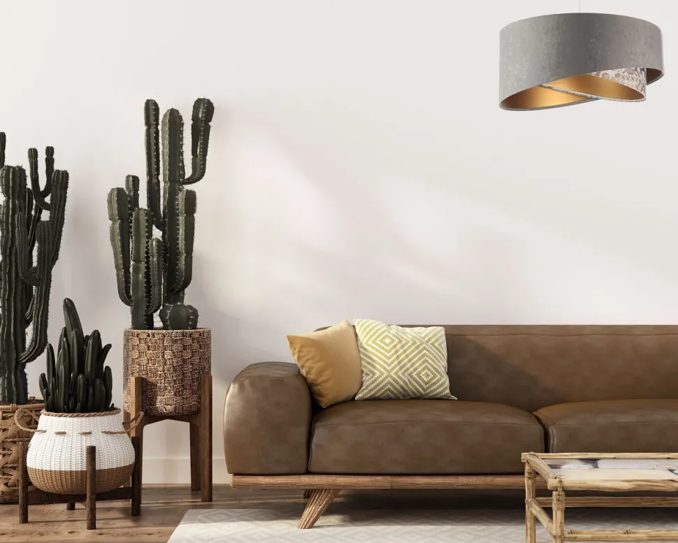 Hängelampe Stoff Ø 50 cm Velours Optik Grau Beige Gold E27