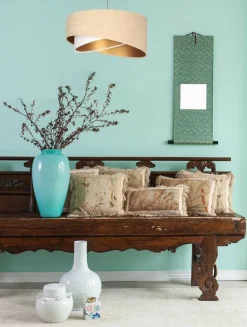 Hängelampe Stoff Beige Gold E27 rund D: 50 cm Velours Optik