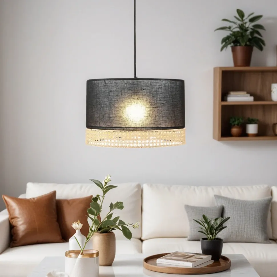 Hängelampe Stoff Metall E27 in Schwarz Braun