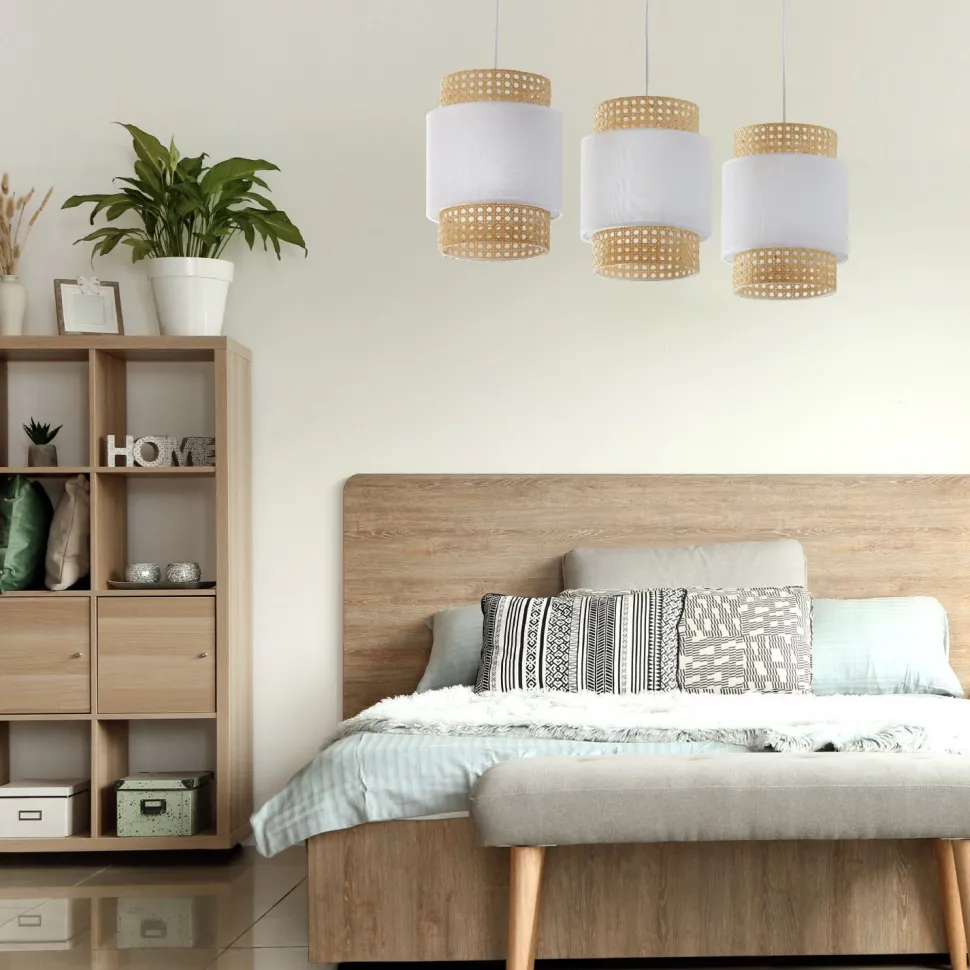 Hängelampe Weiß Natur Stoff Rattan E27 Boho Esstisch