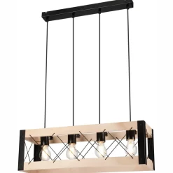 Hängeleuchte Holz Metall 4x E27 B: 63 cm Schwarz Natur Rustikal