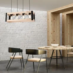 Hängeleuchte Holz Metall 4x E27 B: 63 cm Schwarz Natur Rustikal