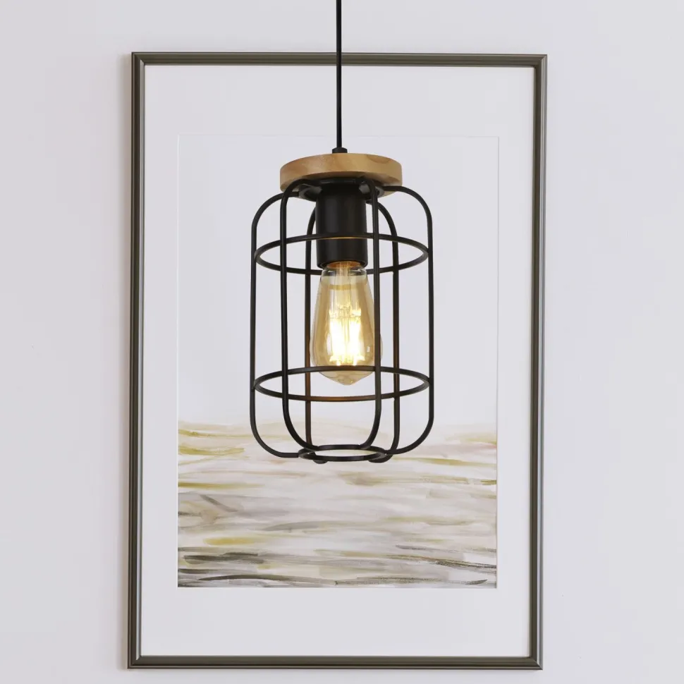 Hängeleuchte Metall Holz Ø 15 cm Schwarz Natur E27