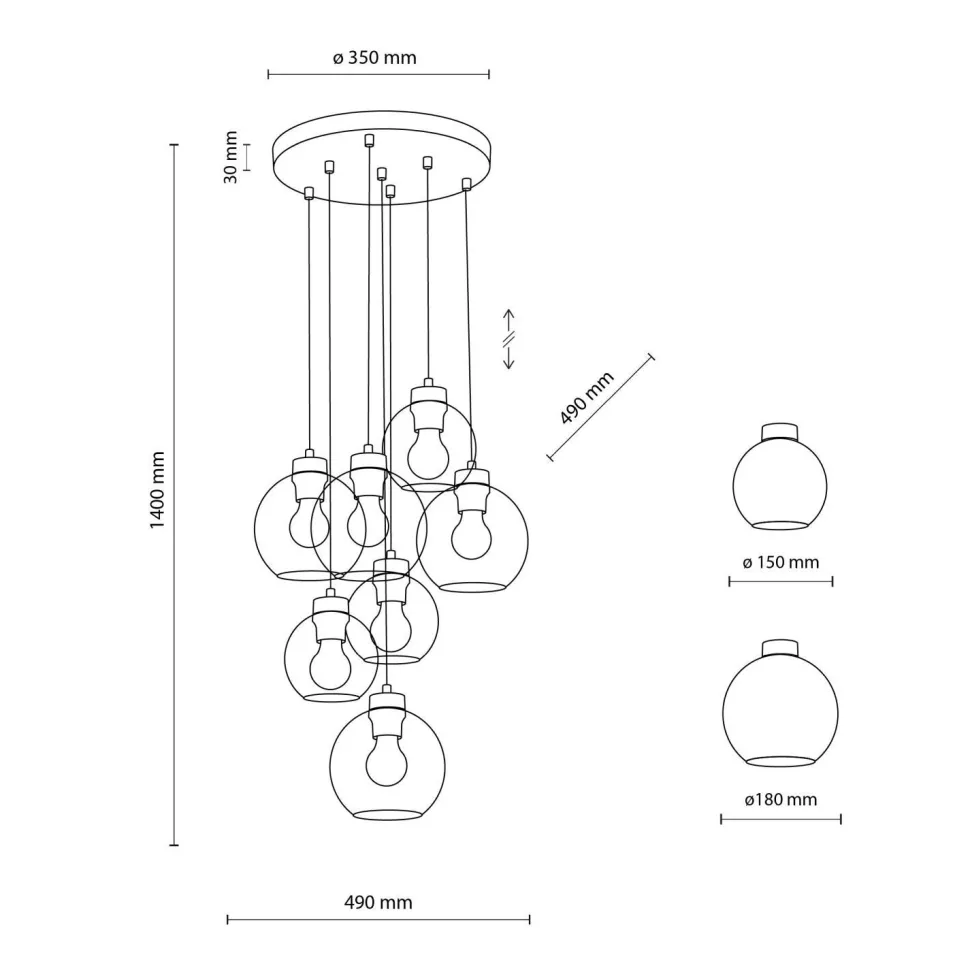 Hängeleuchte Rauchglas 7x E27 verstellbar Kugelschirme