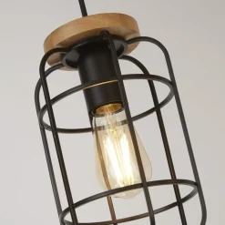 Hängeleuchte Schwarz Natur 3-flammig E27 Metall Holz