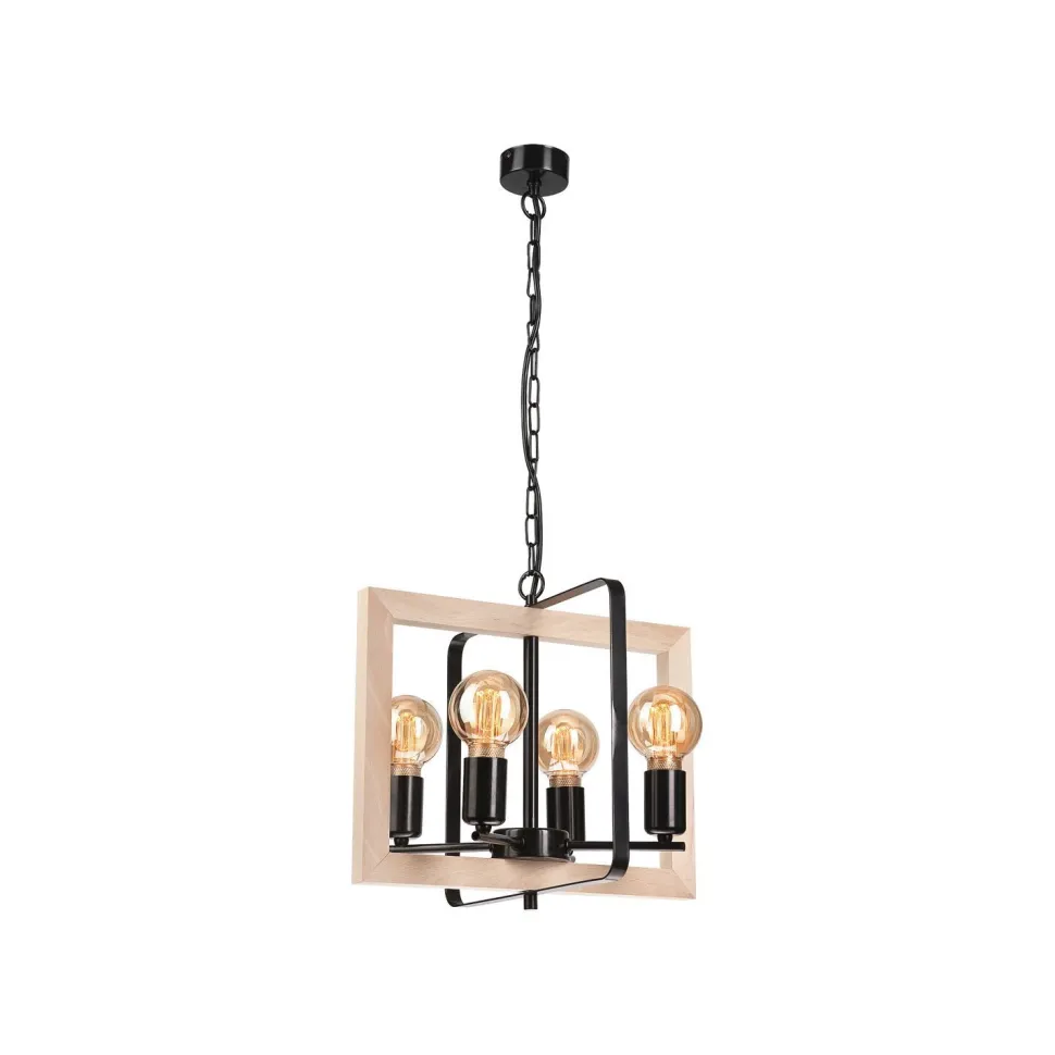 Hängeleuchte Schwarz Natur Holz Metall Rustikal 4-flammig E27