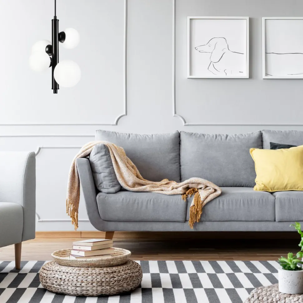 Hängeleuchte Schwarz Weiß Kugelschirme 4x E27 Glas Metall