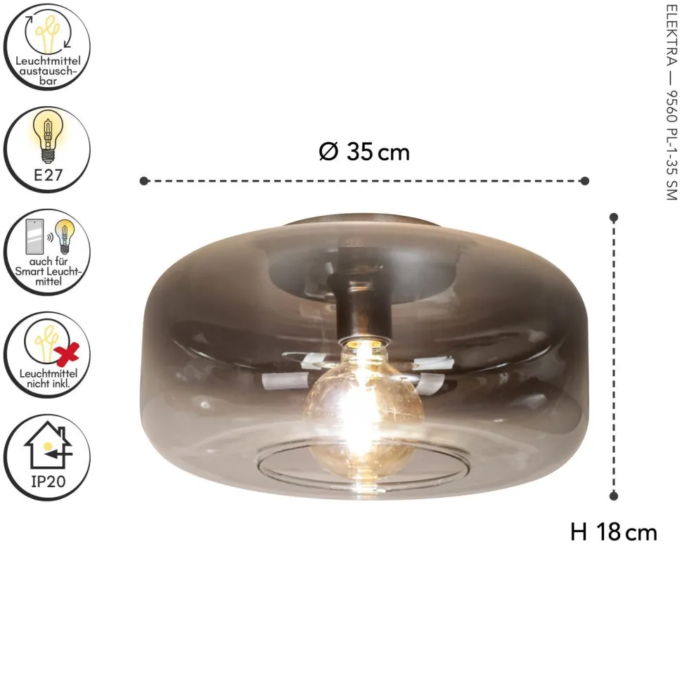 Kleine Deckenlampe Rauchglas rund Ø 35 cm E27 blendarm