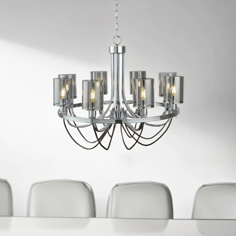 Kronleuchter 8-flammig E14 Chrom Rauchgrau Glas Metall