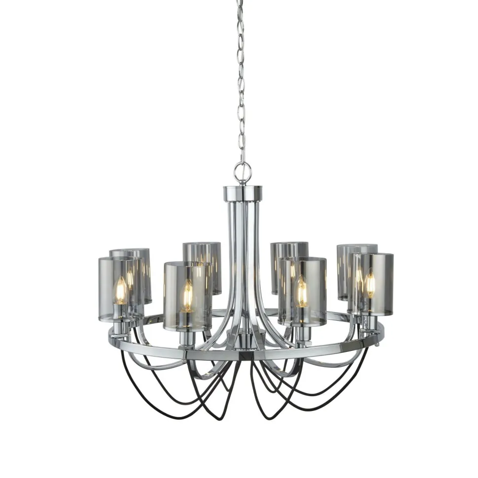 Kronleuchter 8-flammig E14 Chrom Rauchgrau Glas Metall