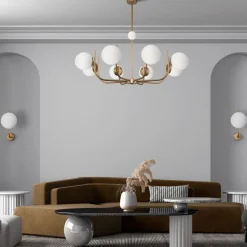 Kronleuchter Metall Glas 103 cm breit in Messing Weiß