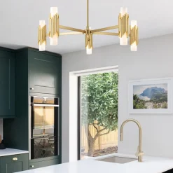 Kronleuchter Metall Glas E14 B: 106,7 cm in Messing antik Weiß