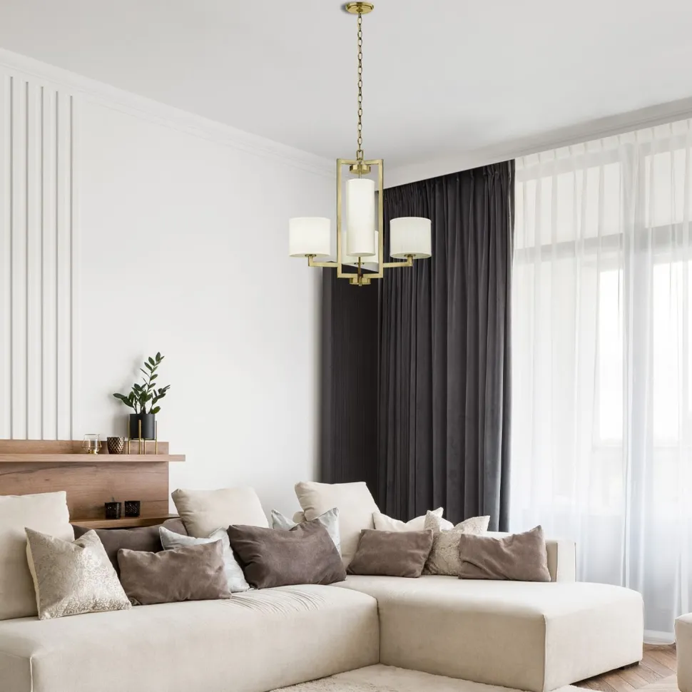 Kronleuchter Metall Stoff 62,9 cm breit 4x E27 mit Schirm