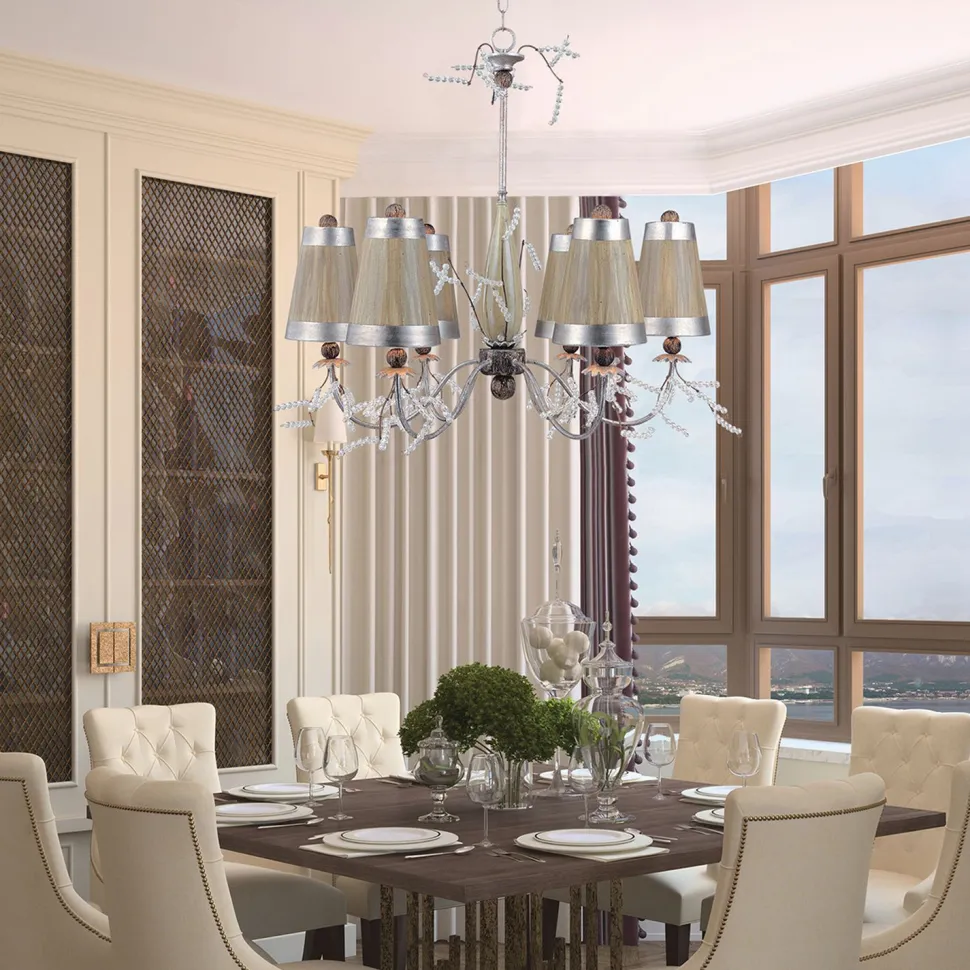 Kronleuchter mit Schirm in Taupe Silber Stoff Metall