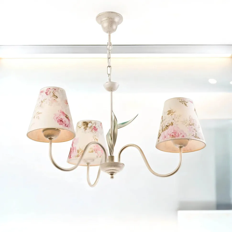 Lampe Stoff 3-flmg Landhaus Esstisch geblümt