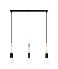 Lange Hängelampe Schwarz Holz Metall L:60 cm E27 3-flmg