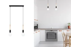 Lange Hängelampe Schwarz Holz Metall L:40 cm E27 2-flmg