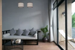 Lange Hängelampe Stoff Schwarz Beige E27 50 cm 2-flmg