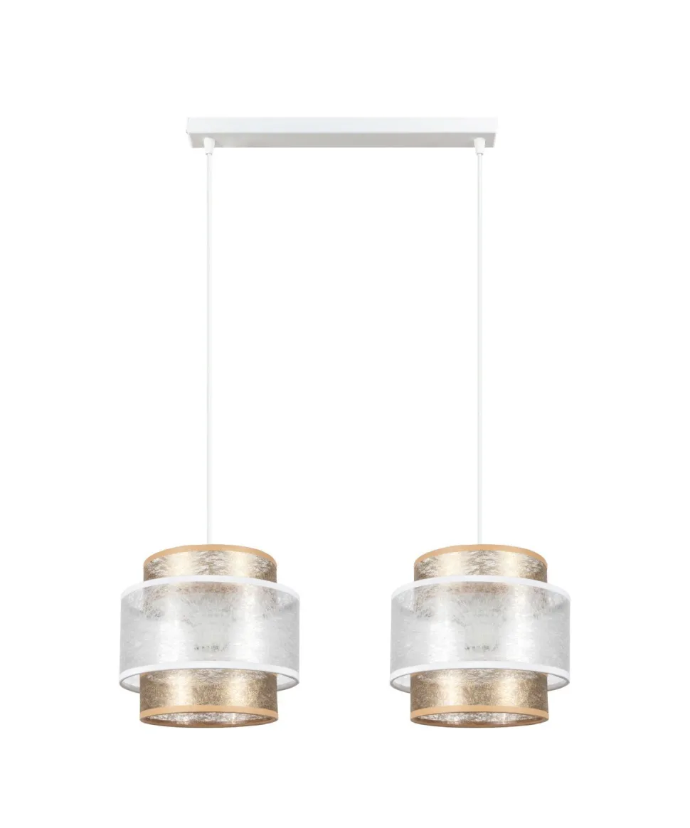 Lange Hängeleuchte Stoff Weiß Gold 48 cm E27 blendarm