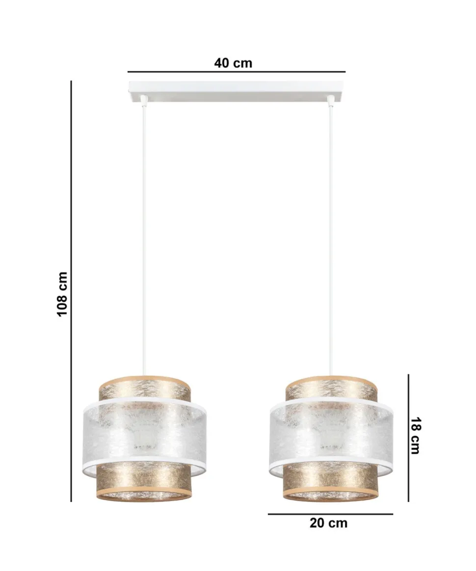 Lange Hängeleuchte Stoff Weiß Gold 48 cm E27 blendarm