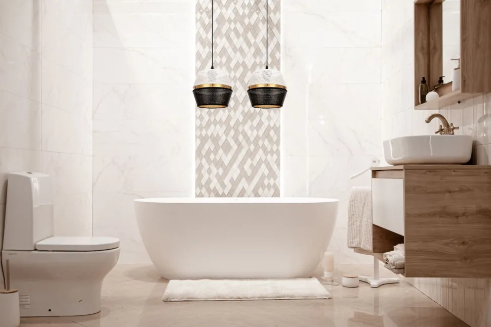 Lange Pendelleuchte 2-flammig Metall Schwarz Weiß Gold