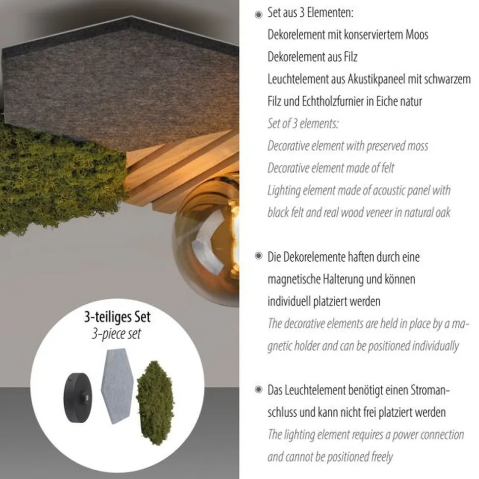 LED Deckenleuchte Filz Eiche Moos Rauchglas G9 blendarm