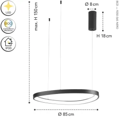 LED Hängelampe Schwarz Ring B:65 cm 3000/4000/6500 K