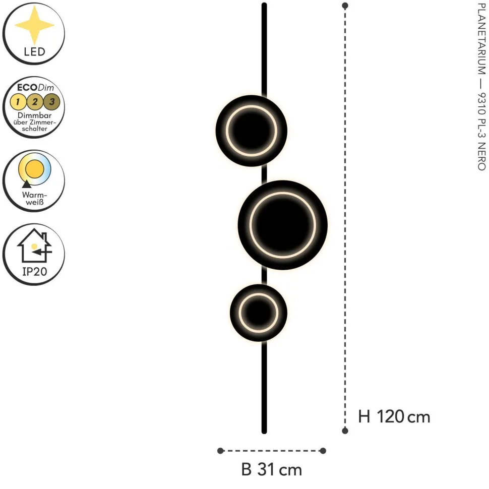 LED Wandlampe Schwarz H:120 cm 1008 lm 3000 K dimmbar