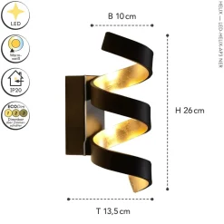 LED Wandlampe Spirale Schwarz Gold H:26 cm 3000 K 9 W