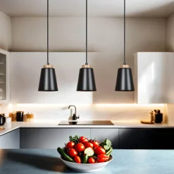 Metall Hängelampe Schwarz Metall Holz Esstisch