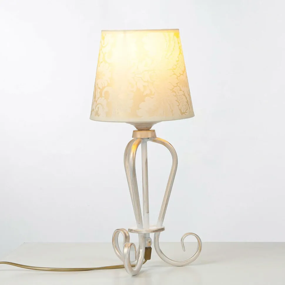 Nachttischlampe Shabby Gold Weiß Stoff Schirm 45cm