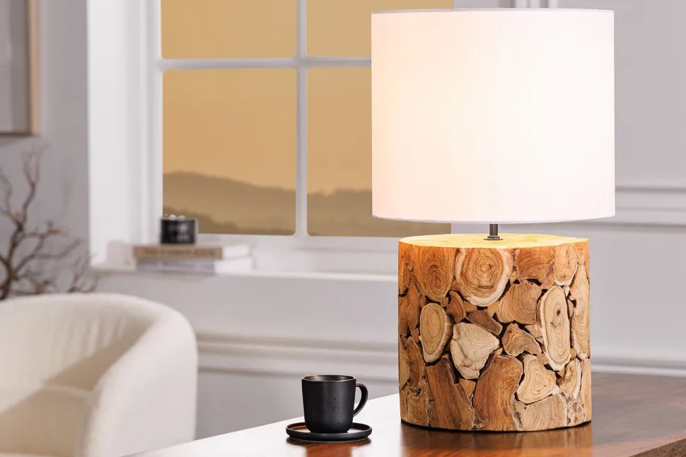 Nachttischleuchte Weiß Natur Stoff Holz 45 cm gemütlich