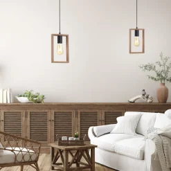 Natürliche Pendelleuchte Holz Metall L:15 cm E27 Retro