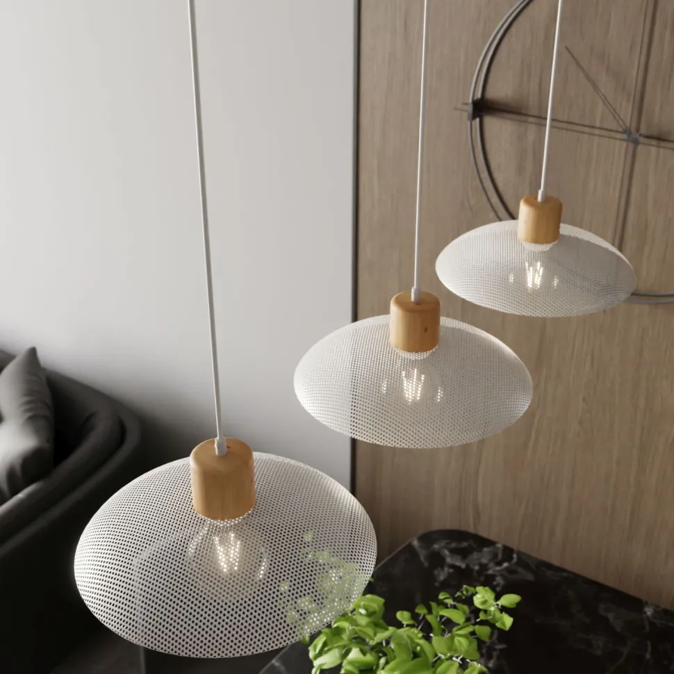 Pendelleuchte 3-flammig E27 L: 90 Weiß Holzoptik Metall