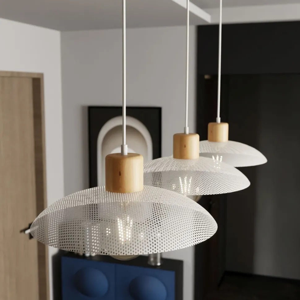 Pendelleuchte 3-flammig E27 L: 90 Weiß Holzoptik Metall