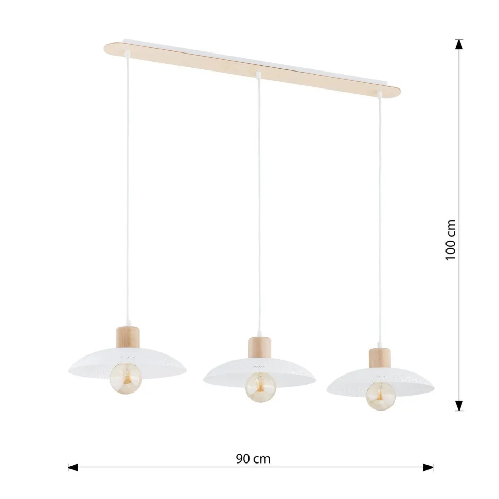 Pendelleuchte 3-flammig E27 L: 90 Weiß Holzoptik Metall