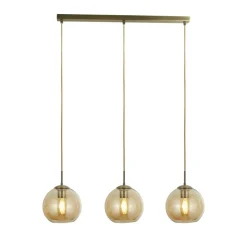 Pendelleuchte 3-flammig in Messing Antik Bernstein E27