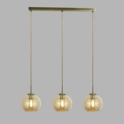 Pendelleuchte 3-flammig in Messing Antik Bernstein E27