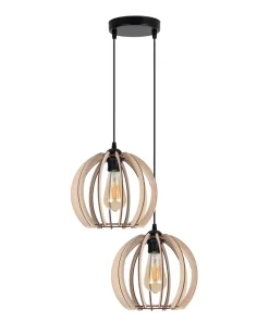 Pendelleuchte Holz Metall Schwarz Kugel E27 2-flammig