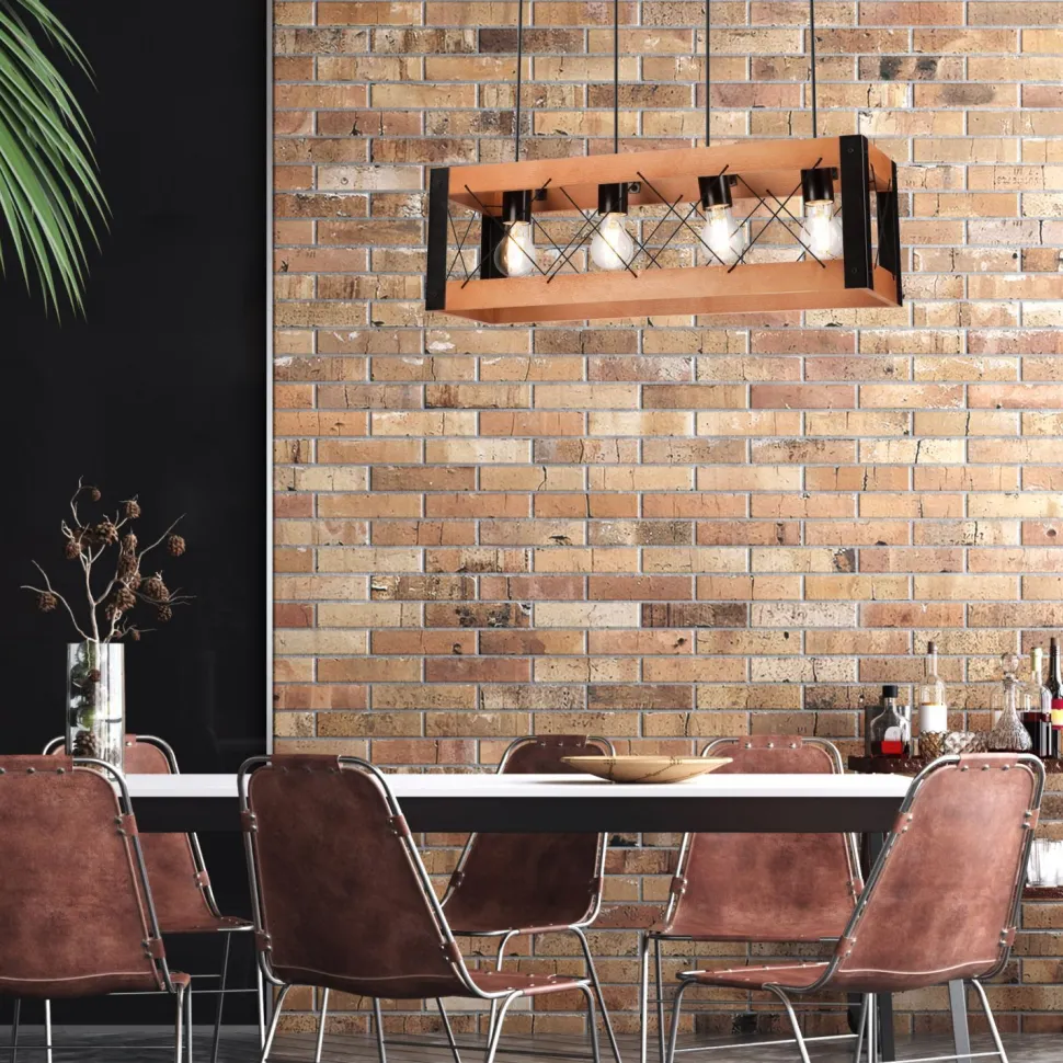 Pendelleuchte Holz Metall verstellbar 4-flammig E27 Rustikal