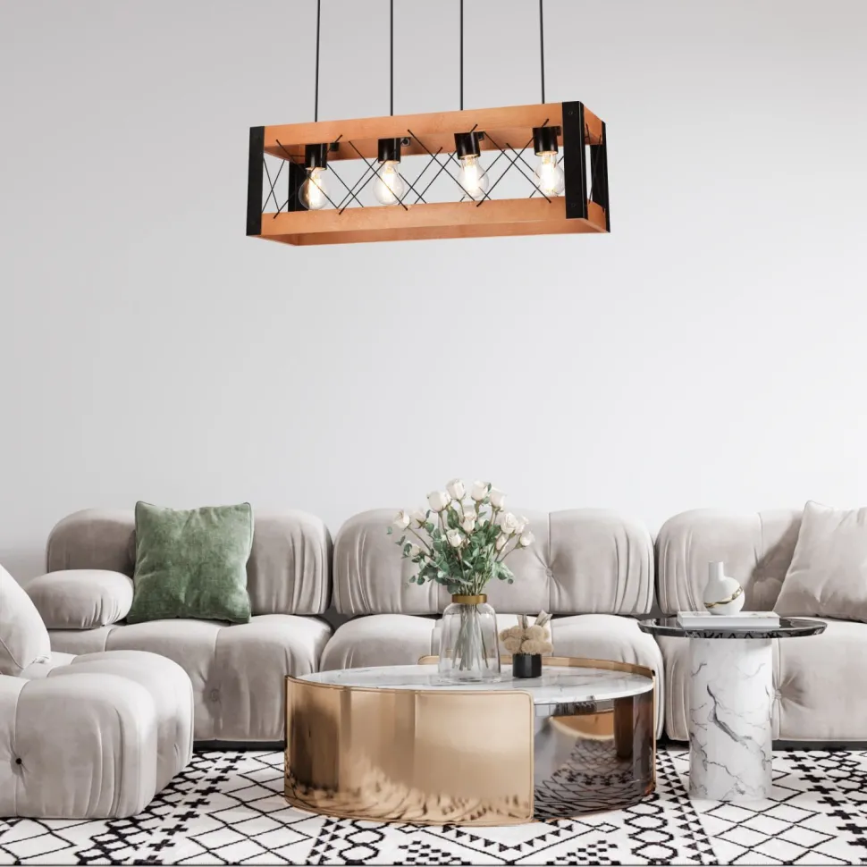 Pendelleuchte Holz Metall verstellbar 4-flammig E27 Rustikal