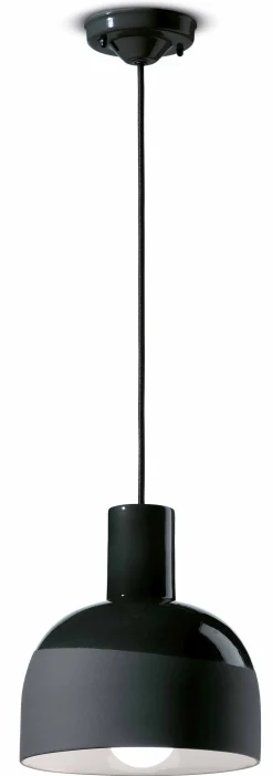Pendelleuchte Keramik E27 rund D: 22,5 cm Schwarz Retro