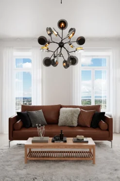 Pendelleuchte Metall Glas 80 cm breit Schwarz Gold 8x G9