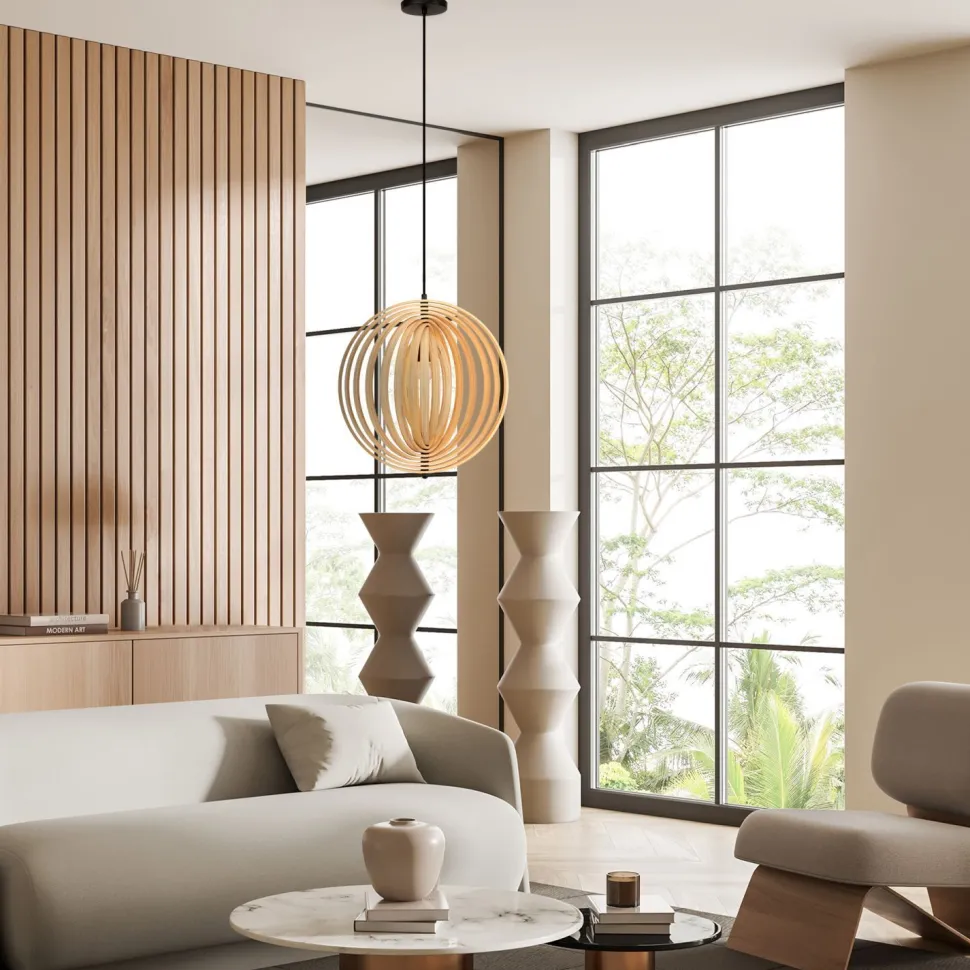 Pendelleuchte Metall Holz rund D: 43 cm Schwarz Beige