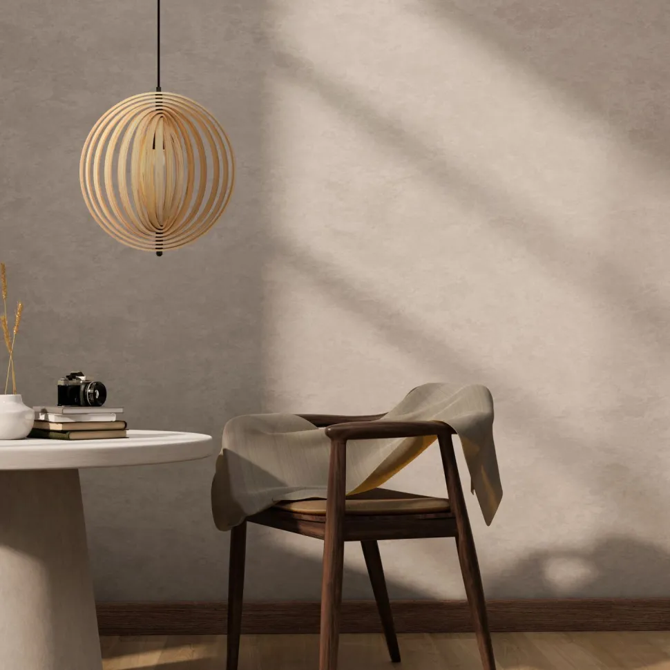 Pendelleuchte Metall Holz rund D: 43 cm Schwarz Beige