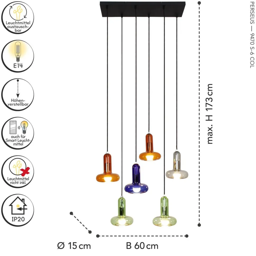 Pendelleuchte Rauchglas Grün Blau Bernstein E14 65 cm
