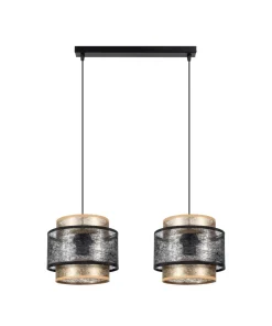Pendelleuchte Schwarz Gold 2-flammig E27 Stoff blendarm