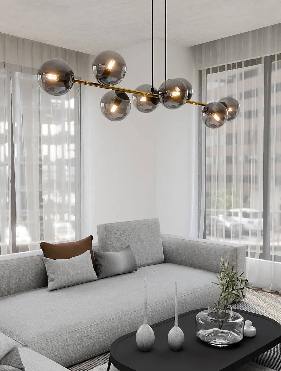 Pendelleuchte Schwarz Graphit Gold 140 cm lang Rauchglas