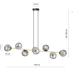 Pendelleuchte Schwarz Graphit Gold 140 cm lang Rauchglas