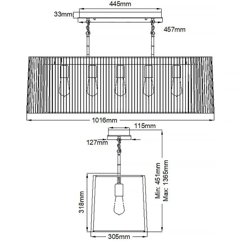 Pendelleuchte Schwarz Messing B: 101,6 cm 5x E27 Metall